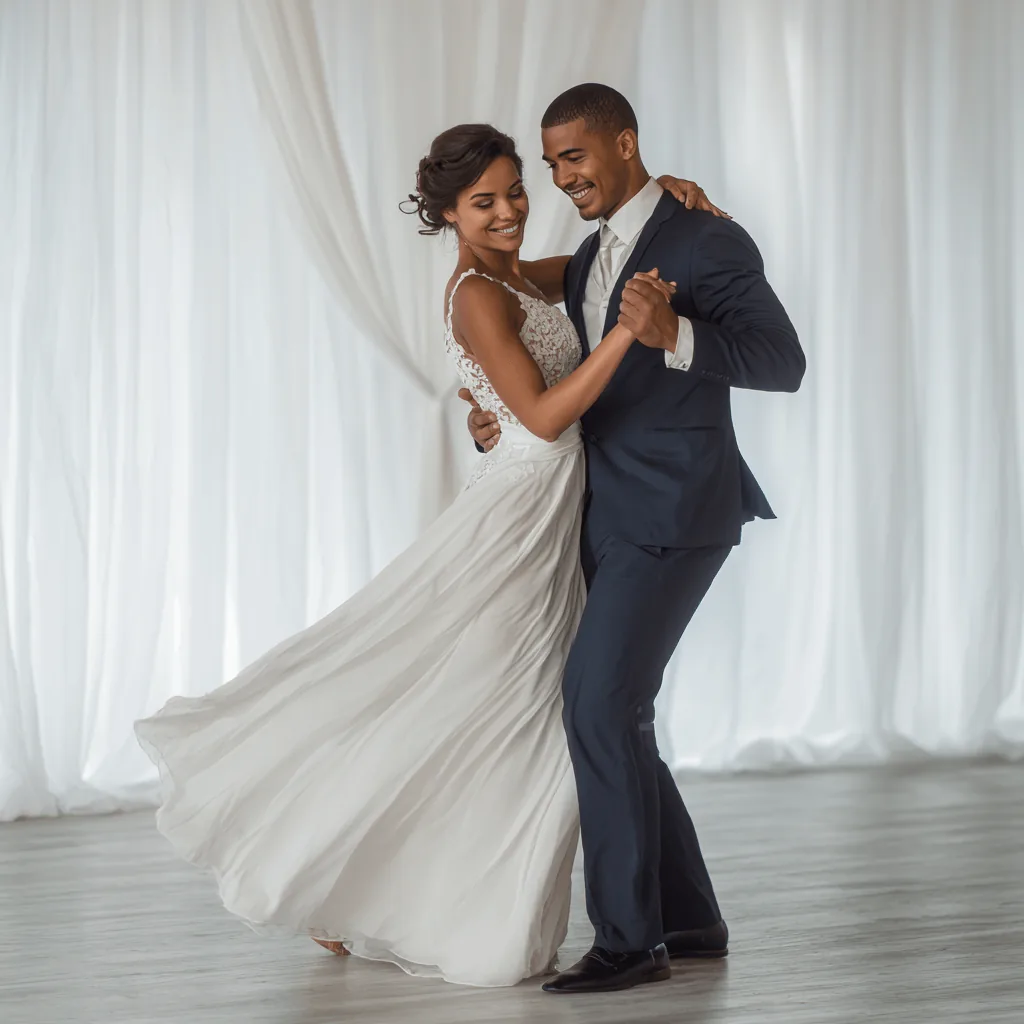 Bride and groom mid-turn during their wedding first dance